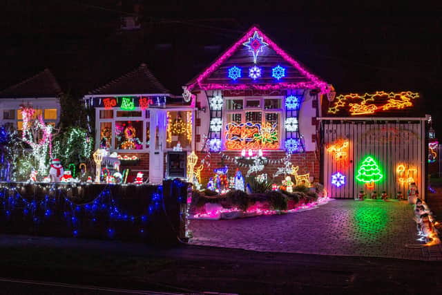 Barbara and Bill Wright have decorated their home with Christmas lights once again despite the cost of living crises to raise money for charity
Pictured: GV of the Christmas lights at their home in Portchester, Portsmouth on Monday 12th December 2022
Picture: Habibur Rahman