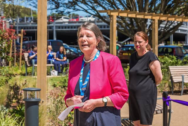 Melloney Poole OBE, the chair of Portsmouth Hospitals NHS Trust) addresses guests at the opening of the Garden of Life Picture: Mike Cooter (090621)