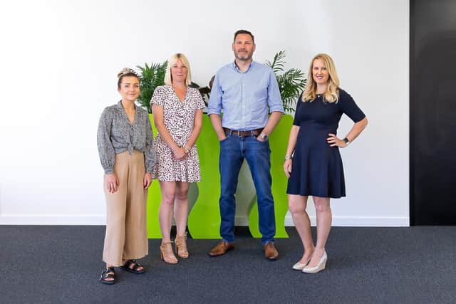 Staff at the STR Group. Pictured: Lauren Botting (25, Recruitment Consultant), Emma Hopping (41, Senior Contractor Payroll Administrator), Steve Saunders (53, Group Commercial Director) and Gemma Langley (38, Operations Director). Picture: Mike Cooter (210622)