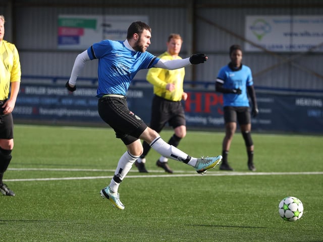 Eastney's Harry Knight scores his side's second goal. Picture: Stuart Martin