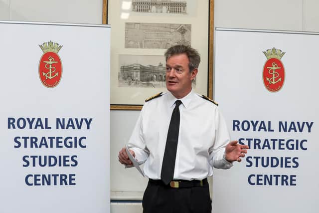Pictured: The Second Sea Lord, Vice Admiral Nick Hine,  at the Royal Navy Strategic Studies Centre, Naval Historical Branch, HMNB Portsmouth to speaking about the Royal Navy's future of tomorrow.