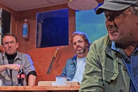 Tim Skedge as Roy Scheider, John-Paul McCrohon as Richard Dreyfuss and Paul Tully as Robert Shaw in CCADS' production of The Shark is Broken