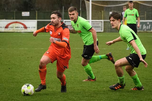 Alex Baldacchino of AFC Portchester, left, in action during Alresford's 1-0 Wessex Premier win at The Crest Finance Stadium in December. Picture: Keith Woodland