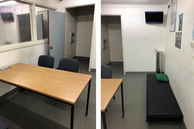 Left, the adult holding room at Portsmouth. Right, the sleeping facilities at Portsmouth's holding room. Picture: HM Inspectorate of Prisons