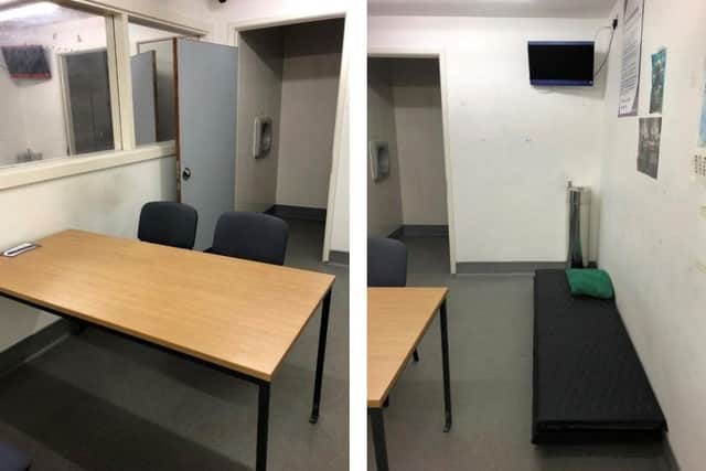 Left, the adult holding room at Portsmouth. Right, the sleeping facilities at Portsmouth's holding room. Picture: HM Inspectorate of Prisons