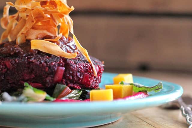 A beetroot burger, prepared at the Offbeet restaurant.