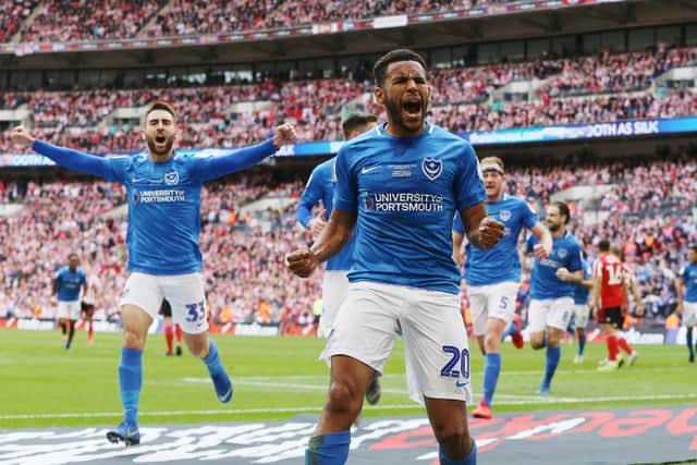 Nathan Thompson celebrates his goal in the Checkatrade Trophy final. Picture: Joe Pepler