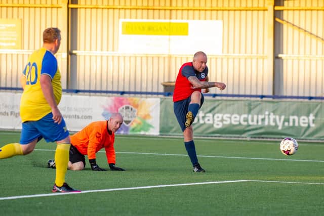 Jon Taylor fires home for Paulsgrove Veterans in their PDFA Veterans Cup final victory. Picture: Habibur Rahman