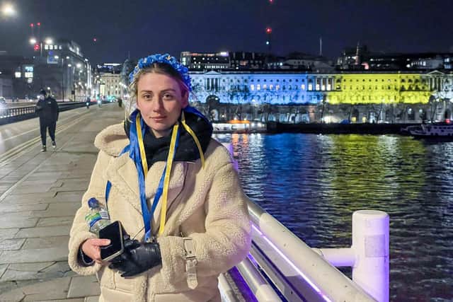 Portsmouth businesswoman Olga Kravchenko is calling for more support to Ukrainian residents as her family is stuck in the war-torn country. Pictured: Olga Kravchenko at the protests in London to support Ukraine on 25th February 2022. Picture: Olga Kravchenko