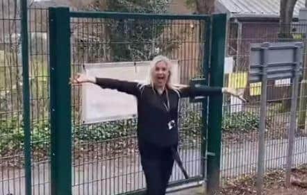 Year 5 teacher Nicki Beacher starts off the dance routine welcoming children back after lockdown.