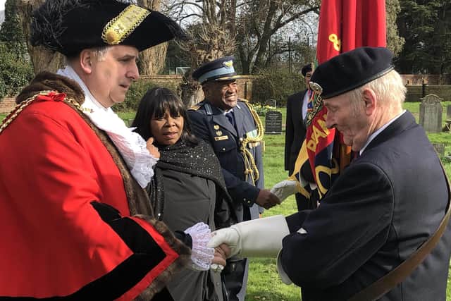 The Lord Mayor of Portsmouth, left, meets standard bearers during the SS Mendi tribute service in Milton. He is accompanied by South African officials. Photo: Tom Cotterill