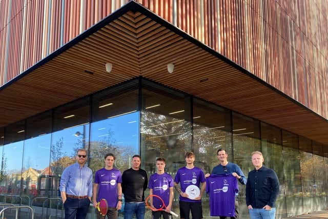 The Carrington West team outside the new Ravelin Sports Centre
Paul Tilley, Head of Sports & Recreation, UoP
Jack Anderson, UoP Tennis Club President
Nick Rowe, Director, Carrington West
Joe Foulgar, UoP Tennis Club Team Captain
Daniel Braithwaite, UoP Ultimate Frisbee President
James Fernandes, Managing Director, Carrington West
Simon Gardiner, Director, Carrington West
