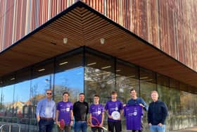 The Carrington West team outside the new Ravelin Sports Centre
Paul Tilley, Head of Sports & Recreation, UoP
Jack Anderson, UoP Tennis Club President
Nick Rowe, Director, Carrington West
Joe Foulgar, UoP Tennis Club Team Captain
Daniel Braithwaite, UoP Ultimate Frisbee President
James Fernandes, Managing Director, Carrington West
Simon Gardiner, Director, Carrington West
