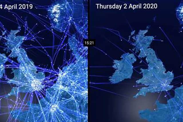 NATS recorded an 89 per cent decrease in air traffic compared with last year. Left: air traffic on April 4 in 2019. Right: Traffic on April 2 2020.