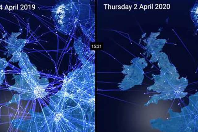 NATS recorded an 89 per cent decrease in air traffic compared with last year.  Left: air traffic on April 4 in 2019. Right: Traffic on April 2 2020.