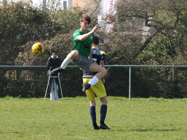 Action from the Challenge Cup clash between Pelham Arms (blue/yellow kit) and FFTP (green and black kit). Picture: Sam Stephenson