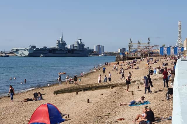 HMS Queen Elizabeth arrives back in Portsmouth at around 2pm on September 13 2020. Picture: Habibur Rahman