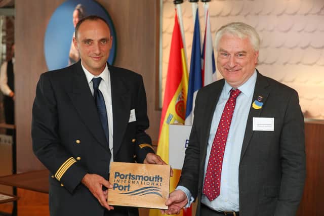 Tour of the new Brittany Ferries ship Salamanca. Gerald Vernon-Jackson presents a plaque to ships captain Christophe Bergeroux.

Picture: Stuart Martin (220421-7042)