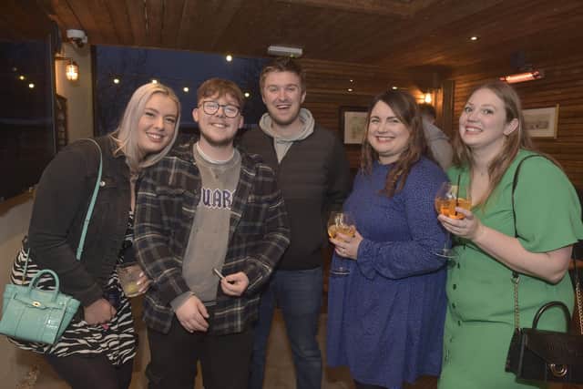 The Ship Anson in The Hard, Portsea, Portsmouth, reopened its doors on Friday night after a fire. From left, Beth Reynolds, Toby Gillian, Harry Edwards, Hattie Richmond and Emma Harris who all work for BAE Systems
Picture: Sarah Standing (170223-9764)