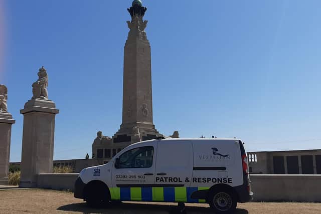 Guards from Southsea-based Vespasian Security pictured protecting Portsmouth's Naval Memorial on Southsea Common after vile yobs used it as a toilet.