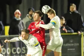 Joe Oastler about to head a corner over. Picture: Dave Haines