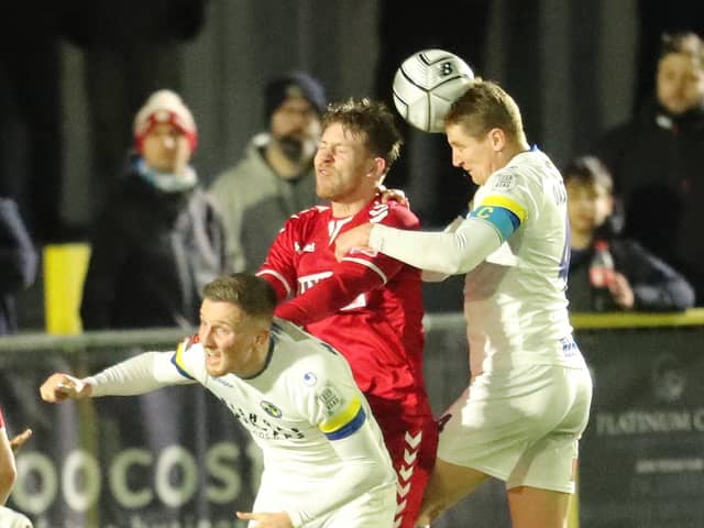 Joe Oastler about to head a corner over. Picture: Dave Haines
