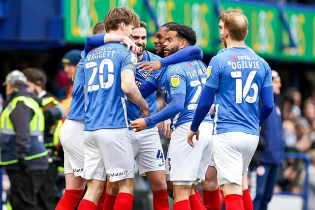 Pompey celebrate Sean Raggett's goal - and their second - in Saturday's 4-0 win over Accrington. Picture: Nigel Keene/ProSportsImages