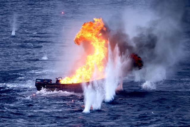 Caribbean-based Royal Navy patrol ship HMS Medway and US Coast Guard boarding team seized more than 400kg of cocaine worth around £24m on Britain's streets from a boat in the Caribbean, before sinking the vessel Picture: LPhot Gareth Smith/MOD/Crown Copyright/PA Wire