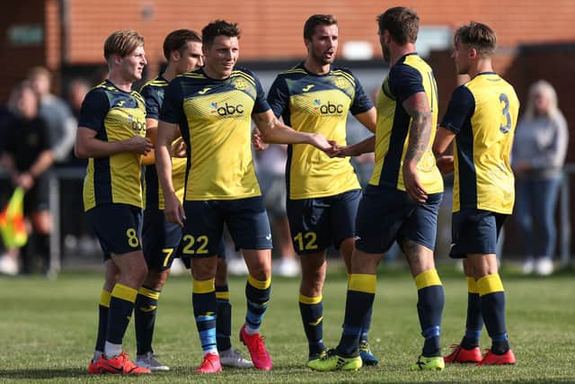 Moneyfields celebrate one of their goals in the 4-2 FA Cup success against lower division Camberley. Picture: Chris Moorhouse