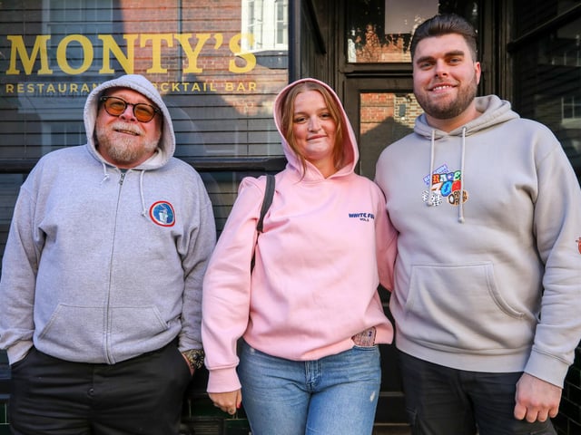 From left, Gavin Bowen, Mya Matthews and Kyle Needs in the queue. Record Store Day 2024 at Pie & Vinyl, Castle Road, Southsea.Picture: Chris Moorhouse