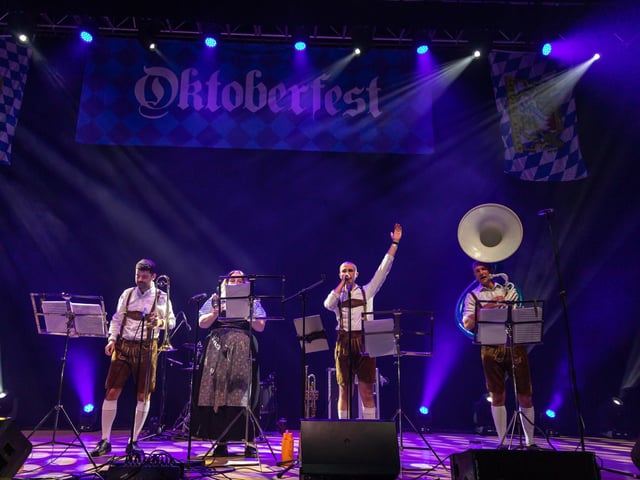 The Bavarian Strollers band onstage at the Oktoberfest. Picture: Mike Cooter (240922)