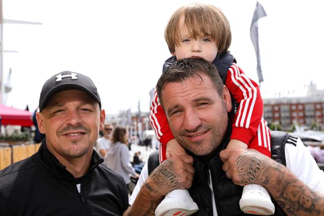 David Birmingham, left, and Tony Oakey with his son, Franklyn, aged three. Picture: Chris Moorhouse (jpns 100721-10)