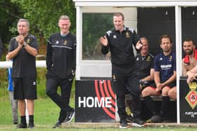 Steve Claridge, right, oversaw a 9-0 away win in his first Wessex League game as Fleetlands manager. Picture: Keith Woodland