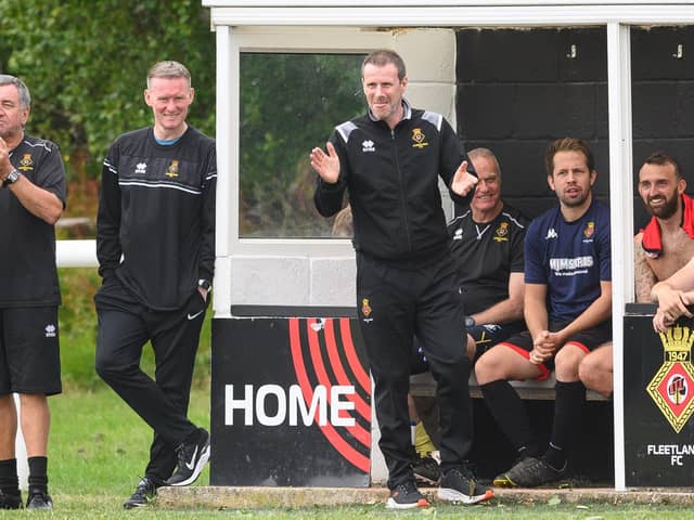 Steve Claridge, right, oversaw a 9-0 away win in his first Wessex League game as Fleetlands manager. Picture: Keith Woodland