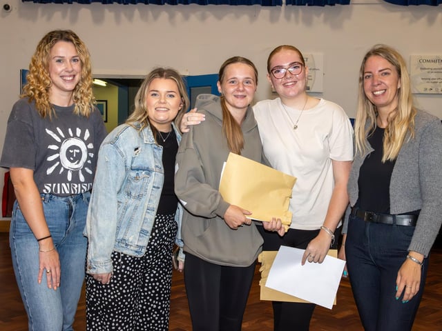 Students were welcomed to Crookhorn College to collect their GCSE results.Pictured - Miss Robertson, Miss Marriott, Connie, Daisy and Miss CromeyPhotos by Alex Shute
