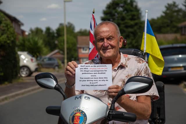 Malcolm Garbutt uses a mobility scooter and is having issue with residents parking on the curbs of the road in Waterlooville. Malcolm on Spruce Avenue. Picture: Habibur Rahman