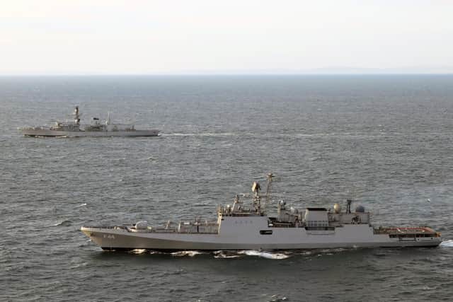 INS Tabar sails with HMS Westminster in Solent. Pic: Royal Navy