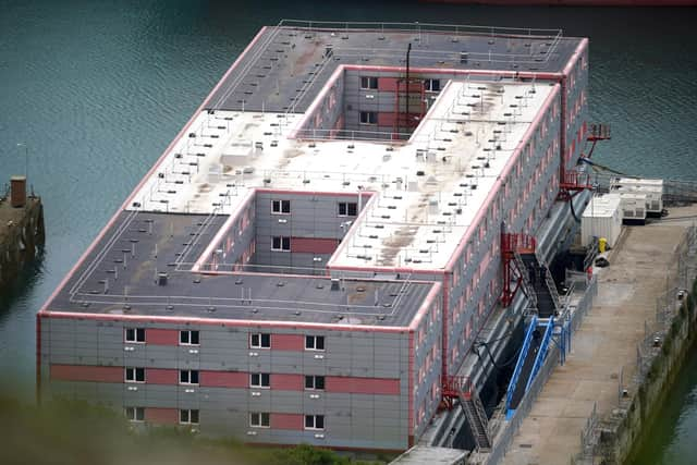 The Bibby Stockholm accommodation barge at Portland Port in Dorset. Picture: Ben Birchall/PA Wire