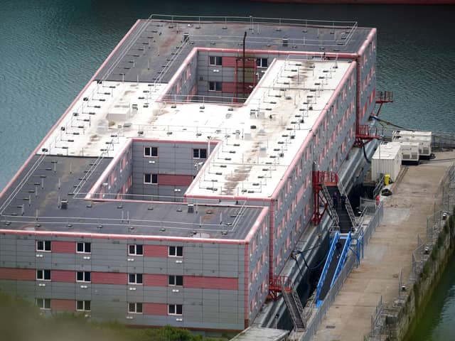 The Bibby Stockholm accommodation barge at Portland Port in Dorset. Picture: Ben Birchall/PA Wire