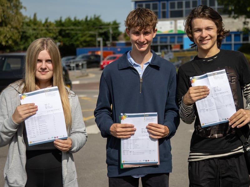 Students from Horndean Technology College received their GCSE results on Thursday morning.Pictured - Caitlin Smith, 16, Simon Lloyd, 16 and Ton Barham, 16 were ll very pleased with their results.Photos by Alex Shute