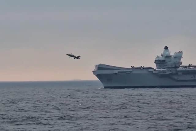 A sailor onboard HMS Kent caught the impressive short take-off from HMS Queen Elizabeth.
