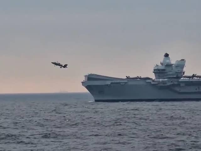 A sailor onboard HMS Kent caught the impressive short take-off from HMS Queen Elizabeth.