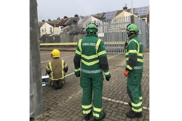 A South Central Ambulance Service crew at the scene of the house explosion in Whale Island Way in Portsmouth
Picture: Scas/Twitter