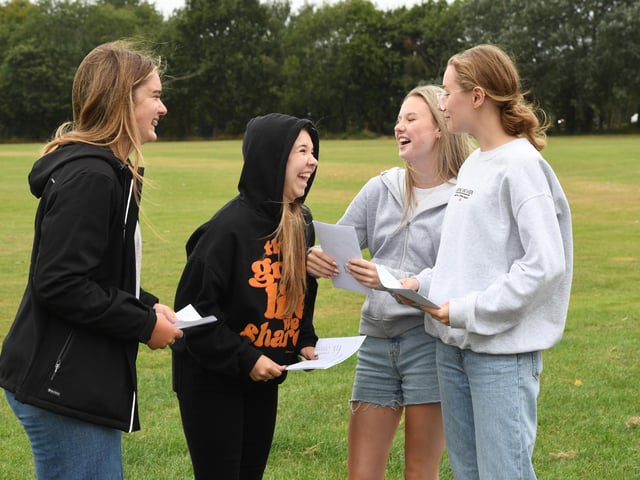 GCSE exam results day at King's Academy Brune Park in Gosport, Hampshire - 22/08/24.L-R Phoebie Hull, Olivia Cross, Maizie Williams, Charlotte Farquhar all 16Please credit: Paul Jacobs/pictureexclusive.com