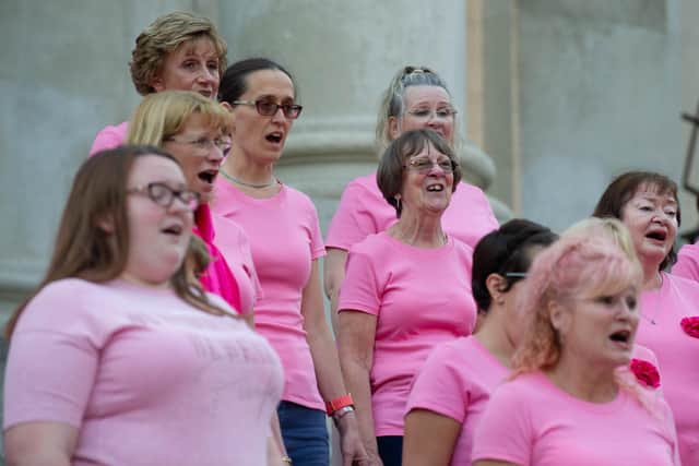 Spinnaker Chorus rehearse on the steps of Portsmouth Guildhall on 21st July 2021Picture: Habibur Rahman