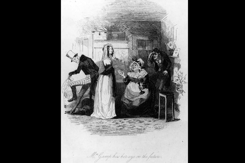 circa 1843:  'Mrs Gamp has her eye on the future'. Mrs Gamp hands a card to a doubtful looking young woman; from Martin Chuzzlewit by Charles Dickens.  Illustration by Phiz  (Photo by Hulton Archive/Getty Images)