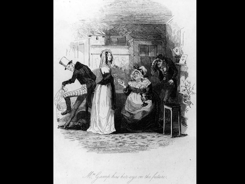 circa 1843:  'Mrs Gamp has her eye on the future'. Mrs Gamp hands a card to a doubtful looking young woman; from Martin Chuzzlewit by Charles Dickens.  Illustration by Phiz  (Photo by Hulton Archive/Getty Images)