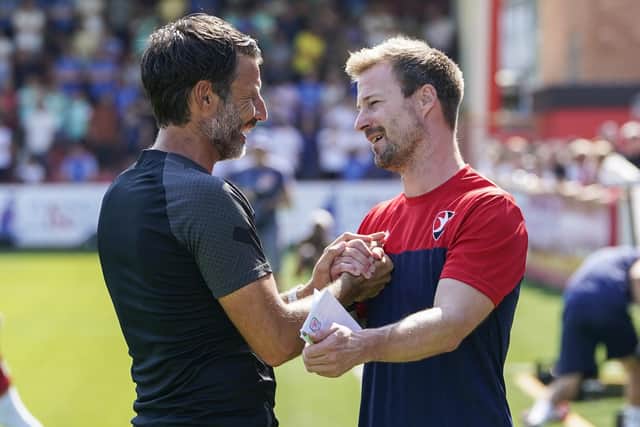 Danny Cowley chats with Cheltenham manager Wade Elliott before kick-off on Saturday     Picture: Jason Brown