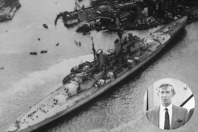 The Vanguard in 1960 in Portsmouth Harbour, and inset, former News defence correspondent Tim King