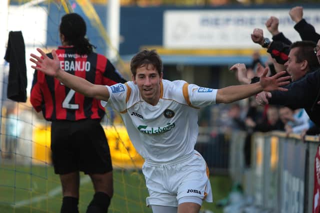 Wes Fogden celebrates putting Hawks ahead in their 2-0 FA Cup win over higher division Histon in December 2010. Picture: Dave Haines